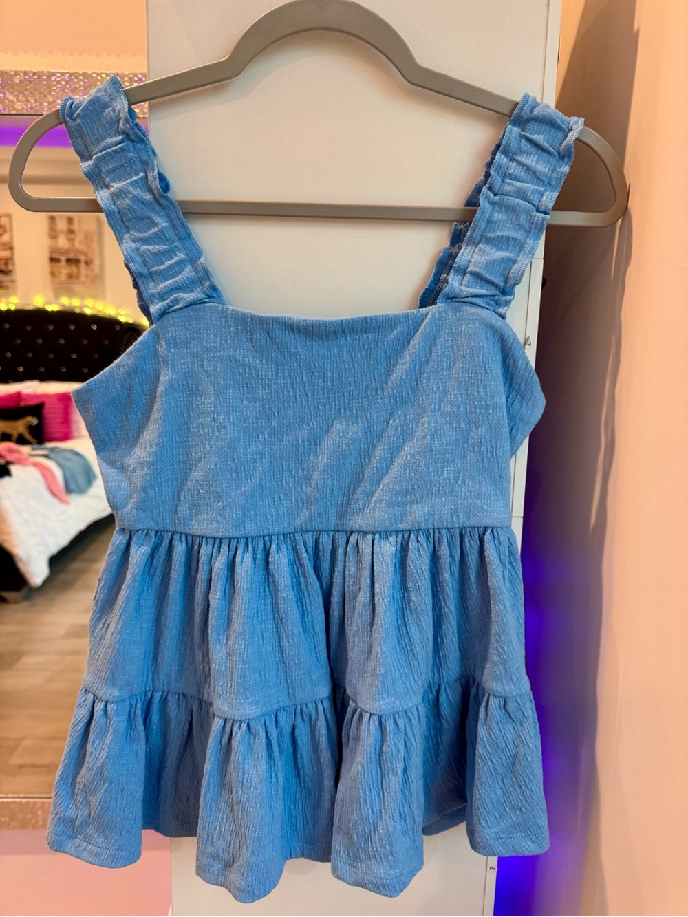 SO Blue Ruffled Strap Tiered Tank Top